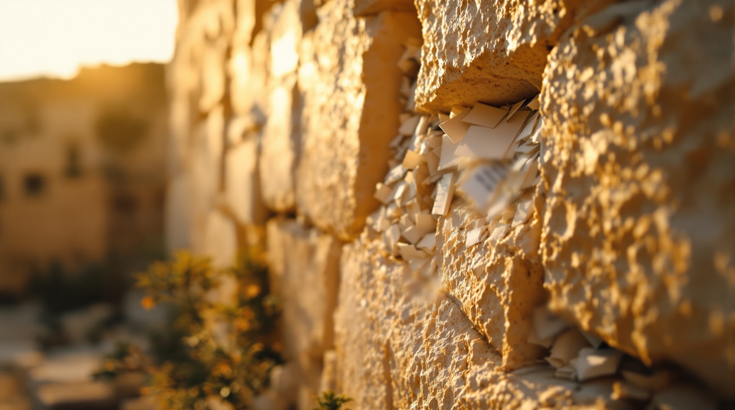 Notes folded into the stones of the Western Wall at golden hour